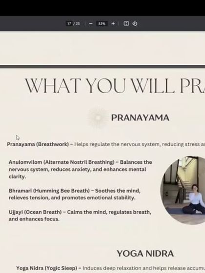 This slide details the breathing (Pranayama) and deep relaxation (Yoga Nidra) techniques taught in the workshop. Practices like Bhramari (Humming Bee Breath) and Ujjayi (Ocean Breath) are specifically chosen for their ability to soothe the nervous system.