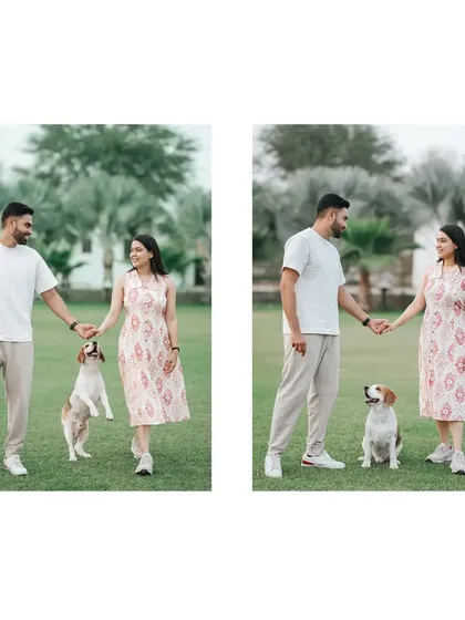 A diptych capturing the fun of having a pet in the shoot, with the beagle jumping playfully in one frame.