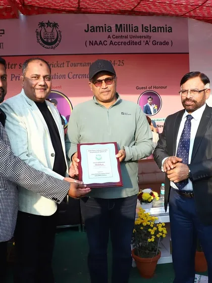 It is an honor to host legends of the game. Here, I am with Jamia alumnus and cricket icon Virender Sehwag during the prize distribution ceremony for the Inter-School cricket tournament, an event we managed from start to finish.