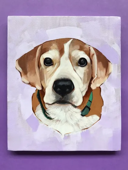 This is a classic acrylic painting of a lovely beagle named Bruno. I used expressive, visible brushstrokes on canvas to create a sense of life and texture, giving the portrait a traditional, painterly feel that looks wonderful hanging on a wall.