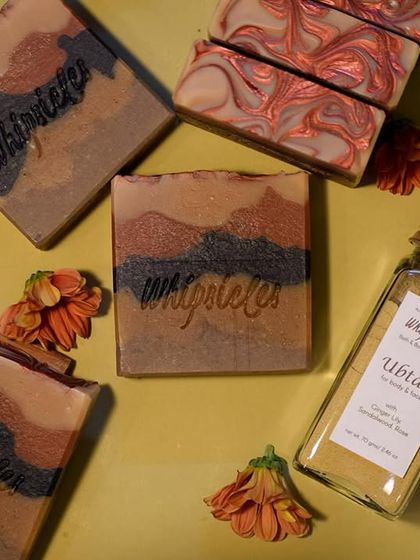 Our Ubtan and Sandalwood Soap set, a classic combination for a traditional bathing ritual. The earthy scent of sandalwood pairs perfectly with the gentle exfoliation of our herbal Ubtan.