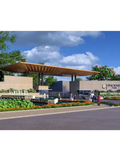 This rendering shows the final vision for the entrance landscape at Phoenix Park. The vibrant planters, water features, and layered greenery combine to create a memorable and inviting gateway for the plotted development.