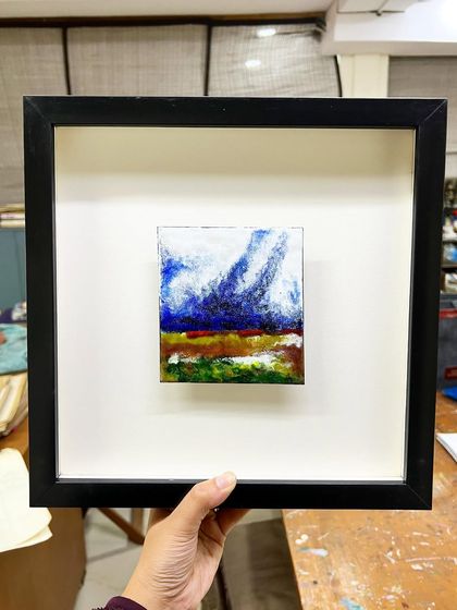 The miniature enamel landscape, framed and ready to be gifted. We believe in sharing the joy of art.