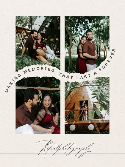 A collage that tells the story of a fun, rustic pre-wedding shoot. It combines different moments and settings from their day, creating a beautiful memory board.