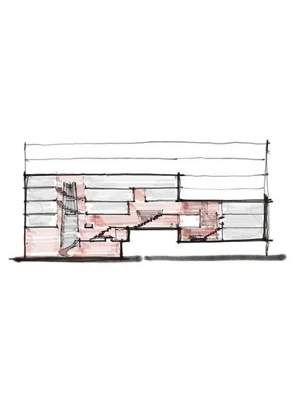 A cross-section sketch of the BCG HQ, illustrating the multi-level 'street' that connects different zones and creates a dynamic, three-dimensional experience.