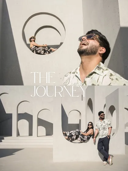 A modern and playful pre-wedding shoot using clean lines and architectural shapes. This collage highlights a fun, contemporary vibe for couples who love minimalist aesthetics.