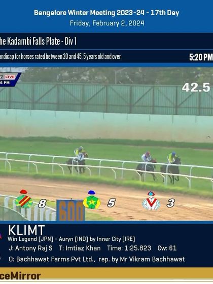 Race 7 results from February 2, 2024: Klimt wins The Kadambi Falls Plate.
