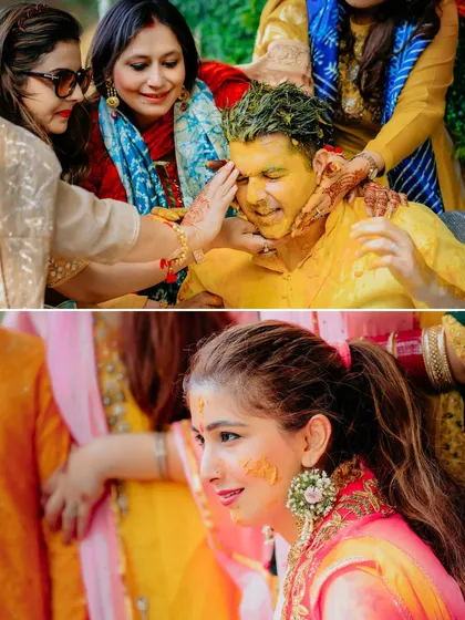 The Haldi ceremony is full of emotional and playful moments with family. This collage captures the groom and bride being lovingly covered in turmeric by their relatives.