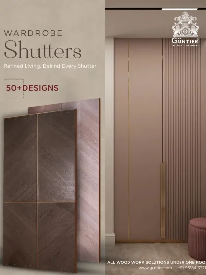My work extends to bespoke wardrobe shutters. Here, you can see how textured veneers with geometric patterns and metal inlays can turn simple storage into a refined design element.