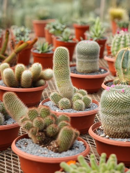 A variety of cacti, including the fuzzy Mammillaria, ready for our Open Day event. We have over 350 varieties, offering an incredible range of shapes, sizes, and textures.
