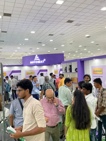 A wide shot showing the high footfall at our booth during the CODISSIA 2023 expo in Coimbatore. The crowd is a testament to the growing interest in smart irrigation technology.