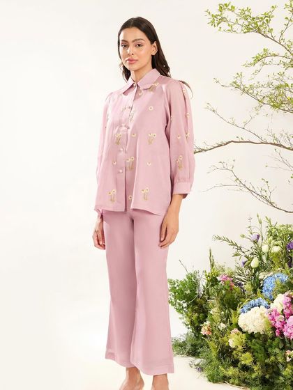 The full silhouette of the lilac floral embroidered co-ord set, exuding a fresh and feminine charm.