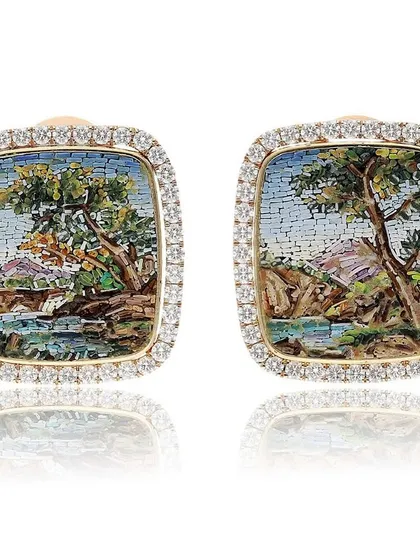 These "Chapter of the Forest" earrings capture a miniature landscape, inspired by my treks through nature. Each earring is a different scene, a wearable story of a river and trees, framed in 18k gold and diamonds.