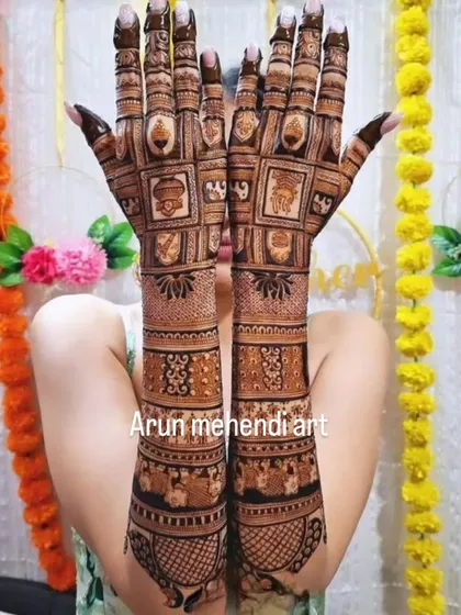 A design featuring a grid of various auspicious symbols, perfect for a traditional bride.