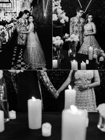 A beautiful black and white collage of the couple surrounded by candles, creating a timeless and romantic atmosphere.
