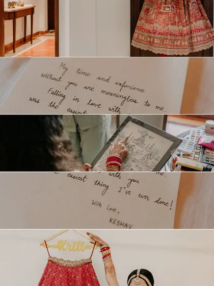 A collage of bridal details, including a heartfelt, handwritten letter from the groom, Keshav, adding a deeply personal touch.
