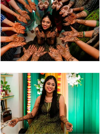 The bride surrounded by her friends, all showing off their mehendi. This is a wonderful group photo that captures the spirit of the celebration.