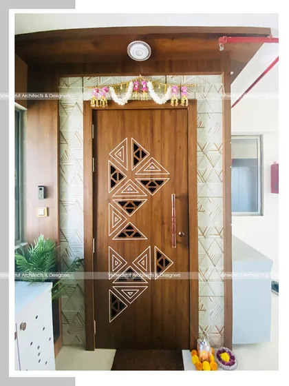 The main entrance door at our Majestic Villa project. The door features a bold geometric pattern that makes a strong style statement right from the entrance.