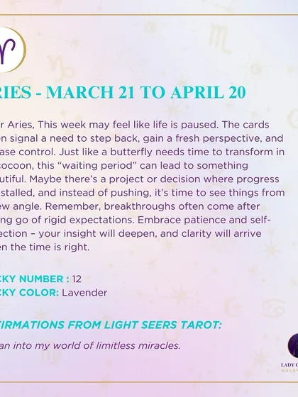 This week's tarot guidance for Aries. This week may feel like life is paused. The cards often signal a need to step back and gain a fresh perspective.