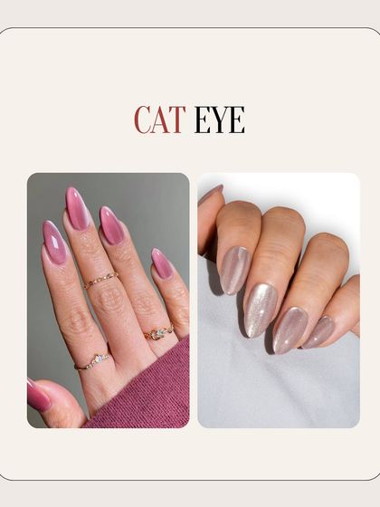 The cat-eye trend is here to stay. This collage shows the effect in different shades, from a vibrant pink to a more subtle, shimmering nude.