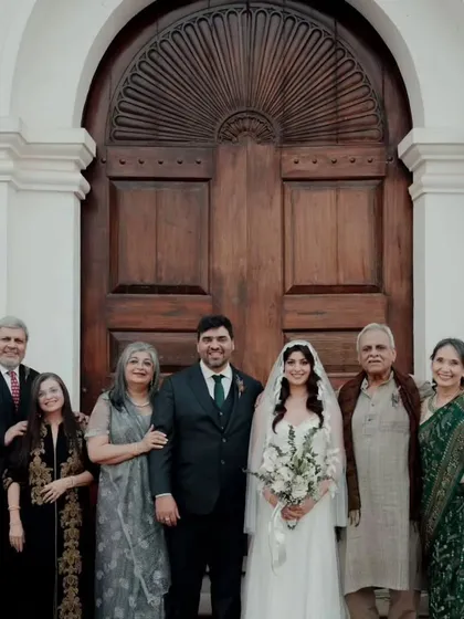A collection of memories from a beautiful Catholic wedding in Goa. The bride's hair is styled in soft waves under her veil, and her makeup is natural and glowing, capturing her joyful and candid moments perfectly.