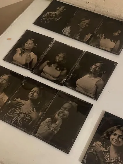 These are the finished pieces from a wet plate session. Each 4x5 inch plate is unique, with its own textures and marks left by the hand-poured chemicals. You walk away with a physical artifact, a true one-of-a-kind keepsake.