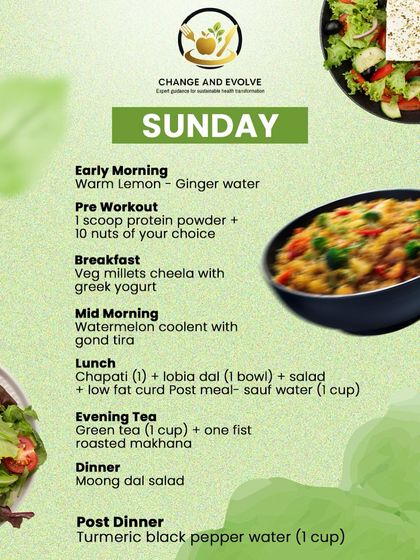 A Sunday meal plan from my summer diet, including a veg millets cheela, chapati with lobia dal, and a moong dal salad for dinner.