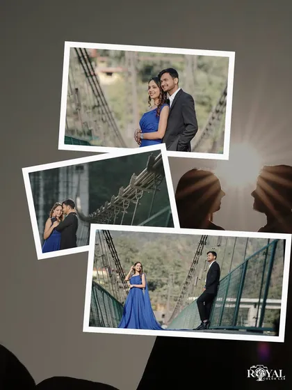 A creative collage that looks like scattered polaroids, capturing different moments of a couple's shoot on the suspension bridge.