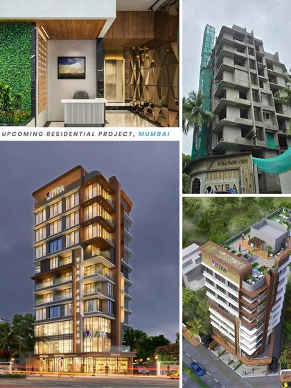 A collage showing renders and construction progress for Vira Park View. It provides a comprehensive look at the project, from the interior reception concept to the rising structure.
