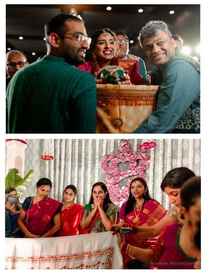 A collage capturing the bride's grand entrance and the emotional reactions of the guests.