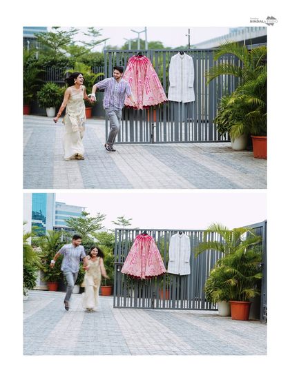 A fun collage showing the couple running playfully, with their wedding outfits displayed in the background. This is a creative way to build anticipation for the big day.