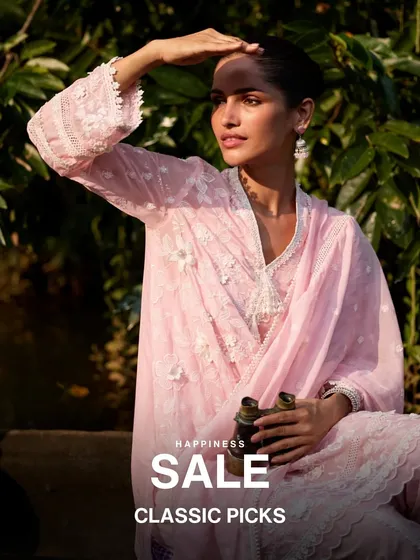 My classic picks are on sale. This includes timeless pieces like this beautiful pink embroidered kurta set, perfect for creating an elegant and understated look.
