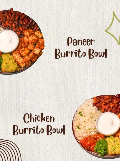 A closer look at my Paneer and Chicken Burrito Bowls. Both are packed with fresh ingredients like lemon rice, beans, salsa, and guacamole, offering a complete and satisfying meal.