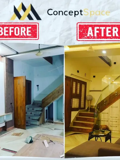 A powerful before and after comparison of a living area renovation. We transformed an underutilized space beneath a staircase into a functional and elegant area with custom storage and a modern glass railing, completely changing the feel of the room.
