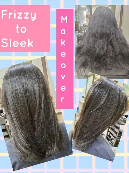 A simple but powerful 'Frizzy to Sleek' makeover. This collage demonstrates how our treatments can tame even the most stubborn frizz, leaving hair looking polished and healthy.