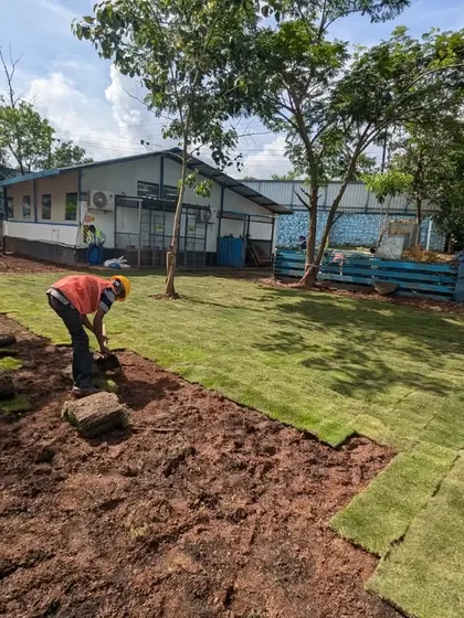 Another angle of the lawn installation, showing how we transform a large, muddy patch into a green space.