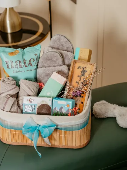 Our pamper hamper, beautifully arranged and ready to gift. It’s the perfect present for a bride-to-be, a new mother, or anyone who deserves a little rest and relaxation.