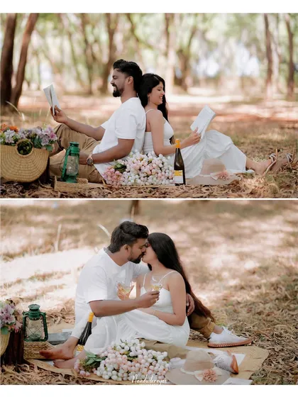 A two-panel image showing a couple enjoying a romantic picnic in the woods, first reading back-to-back and then sharing a kiss. This demonstrates a styled, thematic shoot in a natural setting.