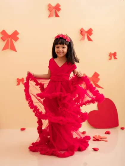 A full-length portrait of this lovely girl in her flowing red dress, surrounded by hearts and bows for a Valentine's theme.