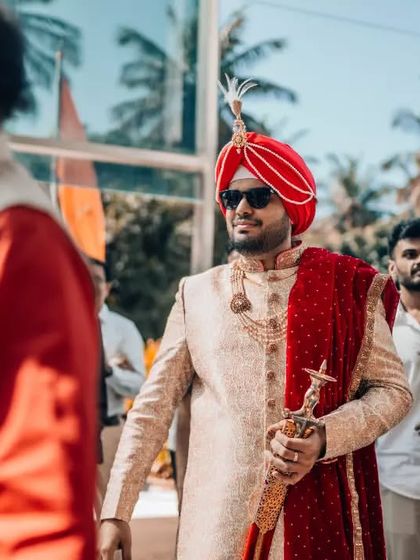 The groom's grand entrance (baraat), looking stylish and ready for the ceremony.