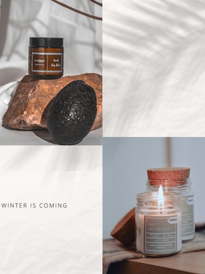 This collage highlights two of my winter must-haves: a rich avocado body butter for dry skin and a warm scented jar candle to create a cozy atmosphere. It's all about comfort and nourishment during the colder months.