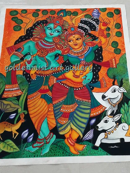 A detailed Kerala mural of Radha and Krishna, showcasing the intricate patterns and rich storytelling of this traditional style. This art is a celebration of love and devotion, painted with care on sturdy canvas.