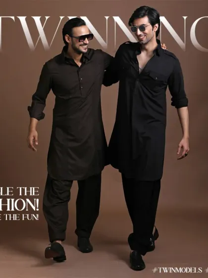 A graphic celebrating the fun of fashion with two models in classic Pathani suits. It captures the charm and timeless appeal of this traditional menswear staple.