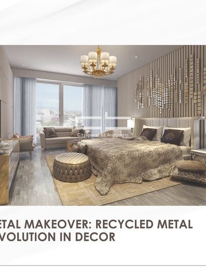 This bedroom showcases a "metal makeover" using recycled metal in its decor. The metallic wall art behind the bed adds a unique, sustainable touch, demonstrating how discarded materials can be transformed into beautiful design elements.