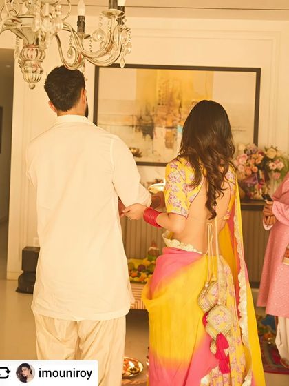 A beautiful moment from a puja ceremony, with another of our artworks gracing the wall. We are grateful to be a part of our clients' most meaningful celebrations.