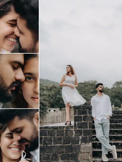A collection of close-ups and a wide shot from a beautiful outdoor location. The focus is on the couple's intimate connection and joyful expressions, with the natural setting providing a soft, romantic feel.