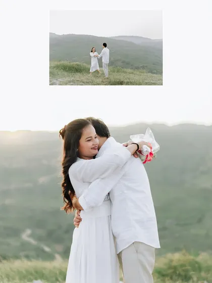 A creative collage from a shoot in the hills, blending a wide shot with a close-up of a warm embrace.