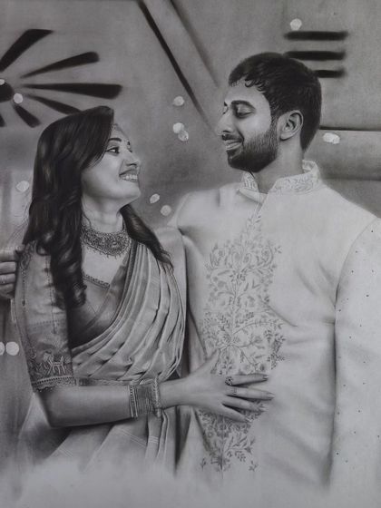 A completed couple portrait featuring incredibly detailed traditional Indian clothing. The challenge here was recreating the intricate embroidery on the groom's sherwani and the texture of the bride's saree.