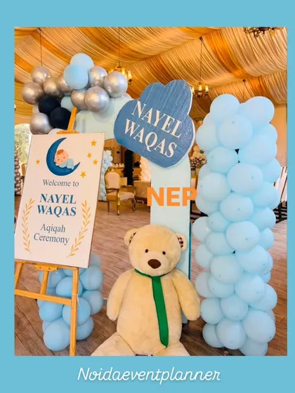 We provide personalized welcome signs for all our events, like this one for an Aqiqah ceremony, perfectly matching the teddy bear theme and color palette.