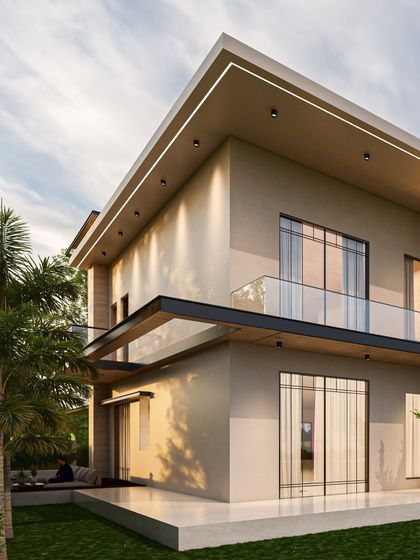 A view of a contemporary residence where architectural volumes are layered to create visual interest and pockets of privacy. Black accents add depth and contrast to the light material palette.